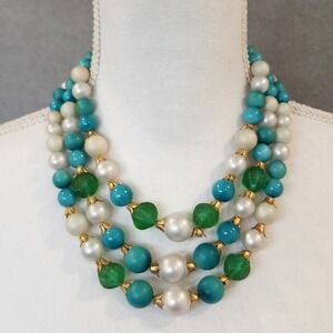 Vintage Chunky Beaded Necklace 3 Strand Turquoise Cream Green Gold Tone Clasp